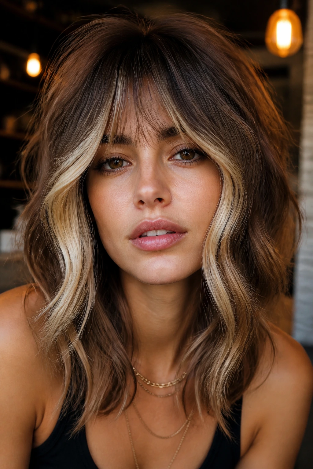 Close-up of a real person with wolf-cut bangs and bright face pieces framing the front