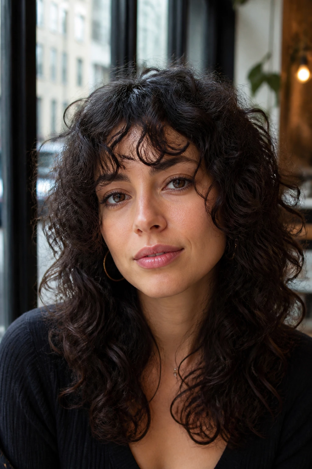 Close-up of a real person with wolf cut bangs and textured layers in a cafe setting
