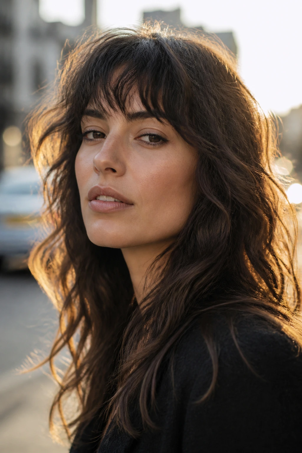 Wolf-cut bangs on a real person with textured waves, head-and-shoulders portrait