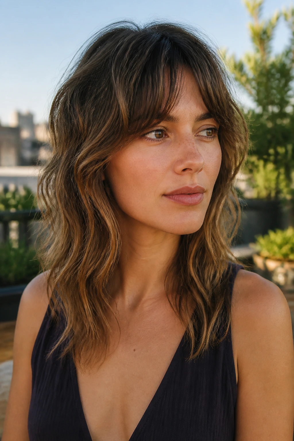 Close-up of a real person with a soft wolf cut and beachy waves.