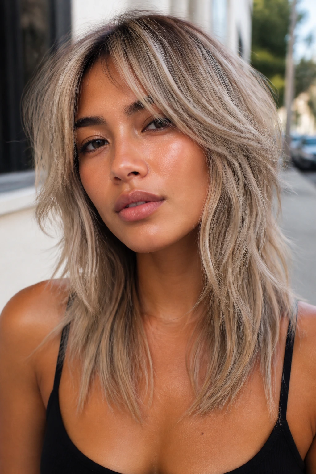 Real woman with cool beige wolf cut and face-framing layers