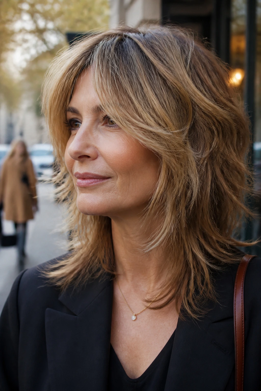 Portrait of a woman with a soft wolf cut and beige wheat babylights