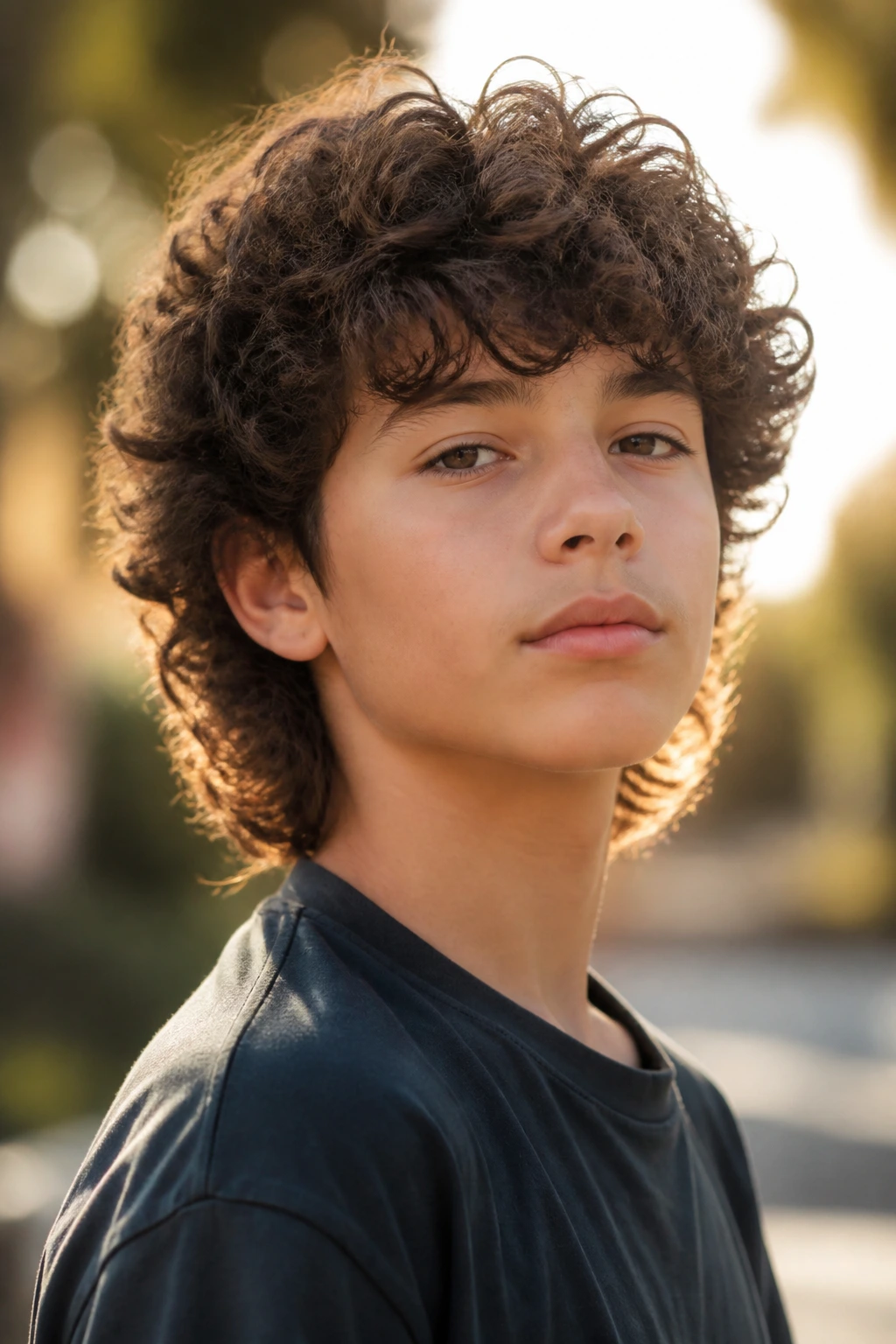Close-up of a real boy showing a wolf cut with large curl patterns outdoors.