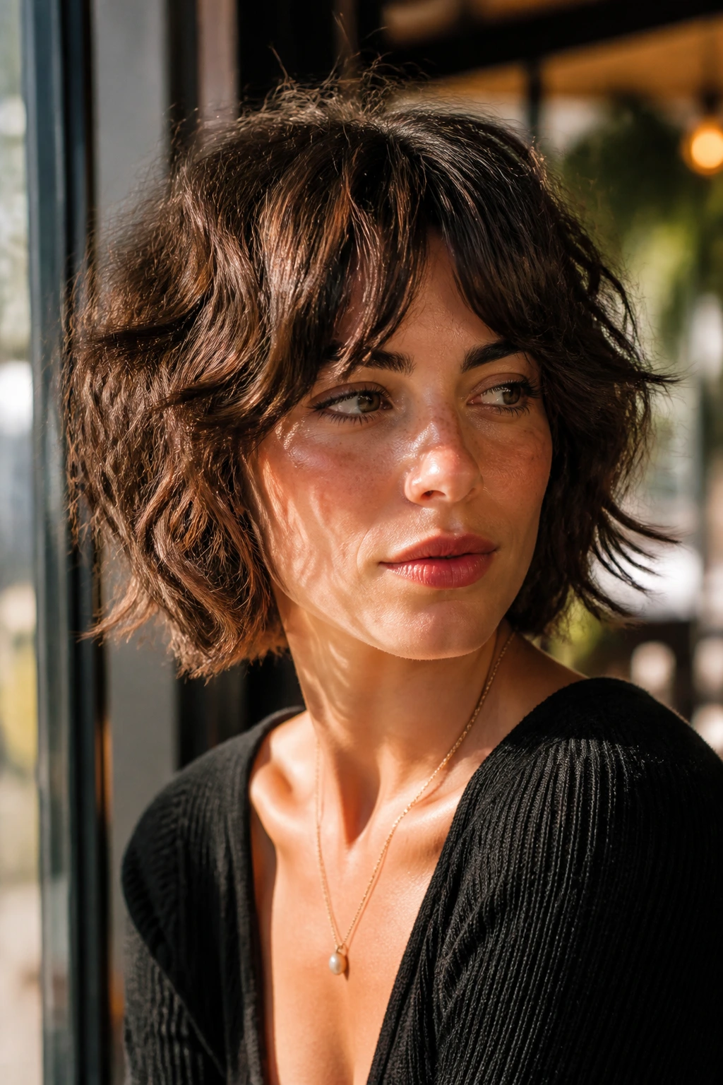 Close-up portrait of a real person with a wavy wolf cut bob in sunlit cafe light.