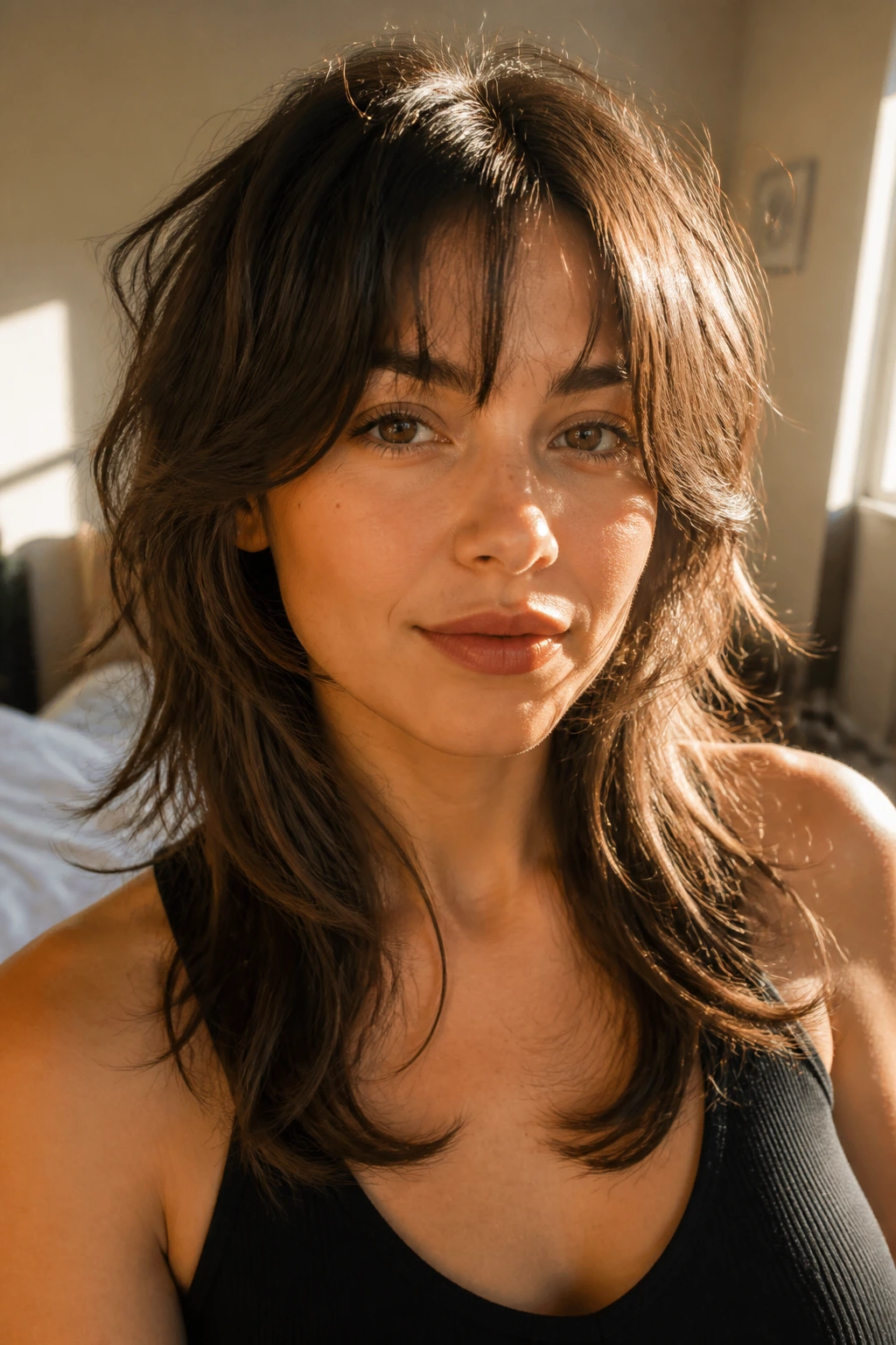 Close-up of a real woman with bottleneck bangs wolf cut and airy fringe