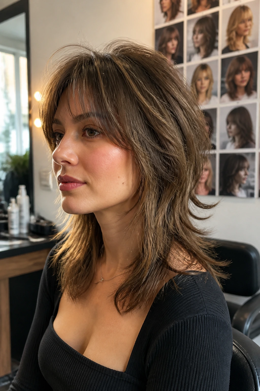 Close-up portrait of a real woman with wolf cut showing crown lift and light ends in a salon setting