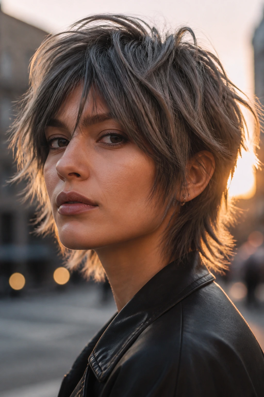 Close-up of a real person with Wolfy Short Cut With Broken Layers in smoky ash tones.