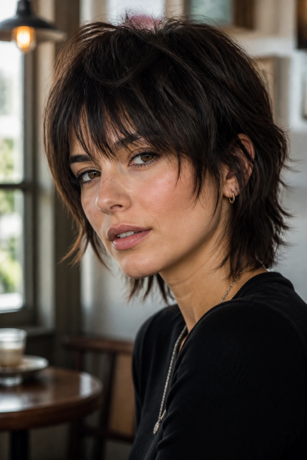 Close-up portrait of a real woman with a textured wolf-cut and broken-up fringe.