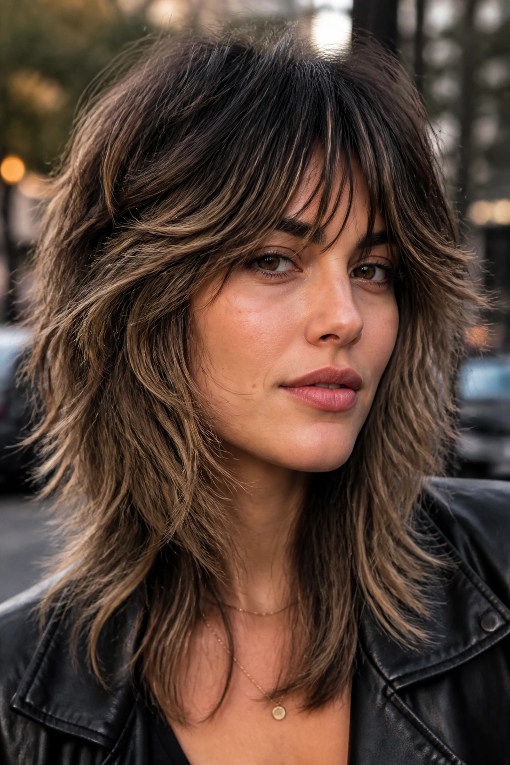 Woman with tousled wolf cut and bronde melt in a natural setting.
