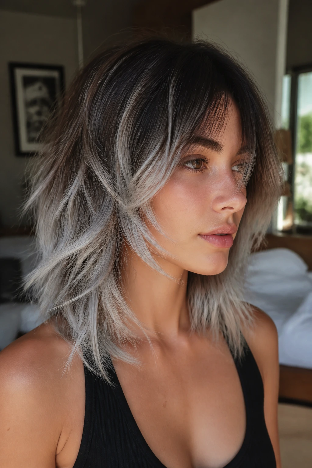 Close-up portrait of a real person with wolf cut showing brown roots and silver ends.