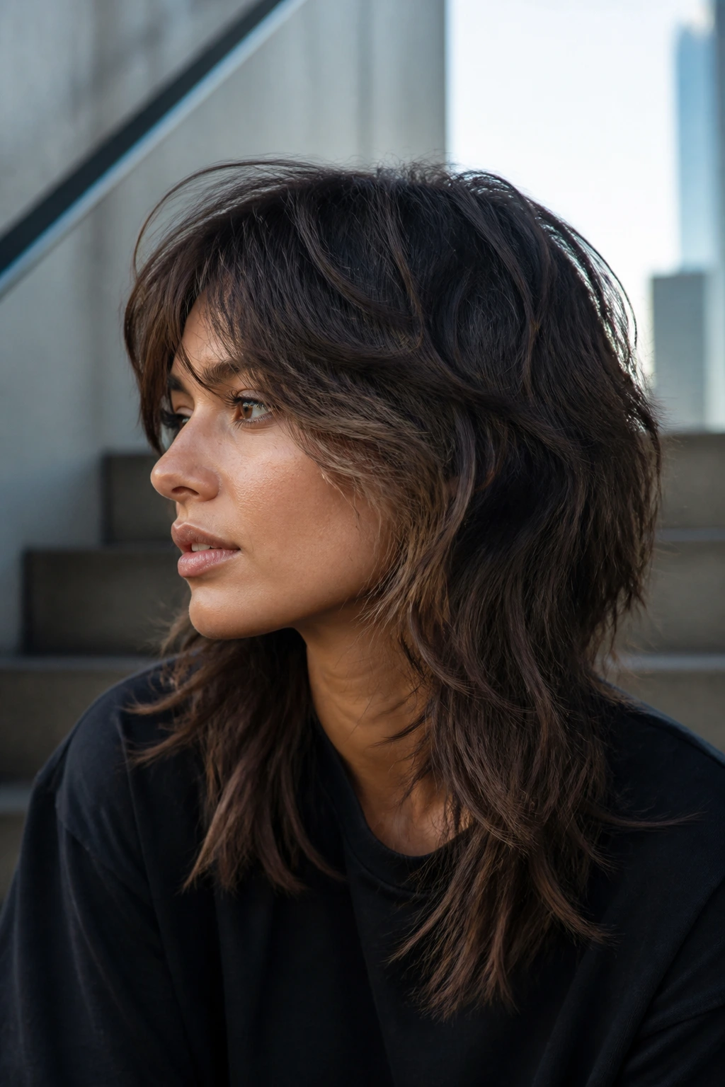 Close-up of a real woman with wolf cut in smoked mocha dimension under moody city lights