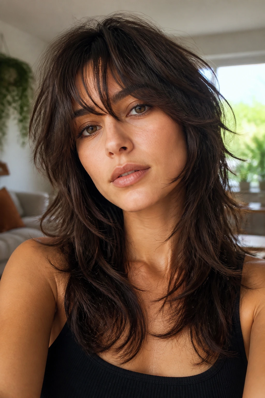 Brunette woman with modern wolf cut and soft edges in daylight living room