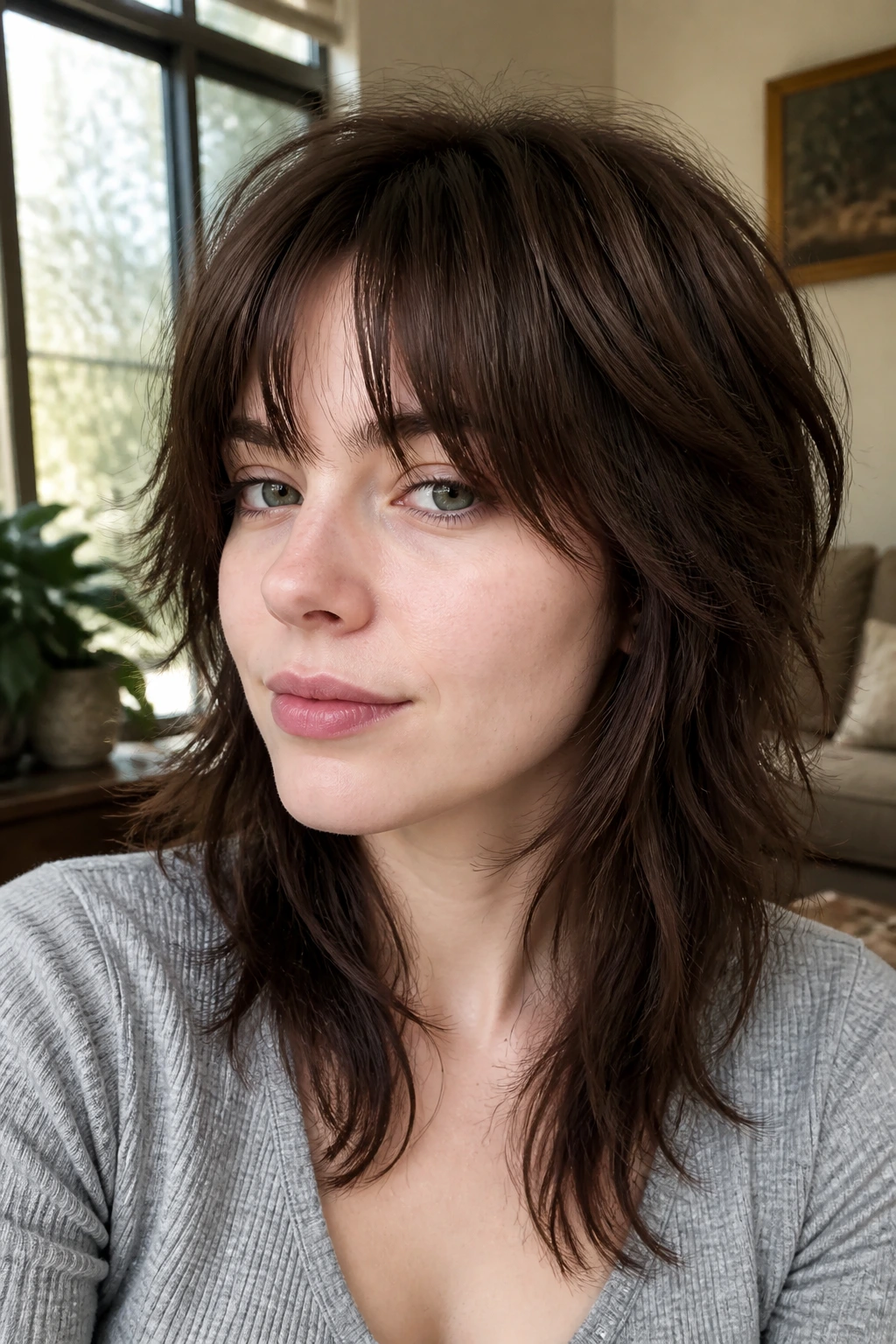 Real woman with medium brunette wolf cut and wispy ends