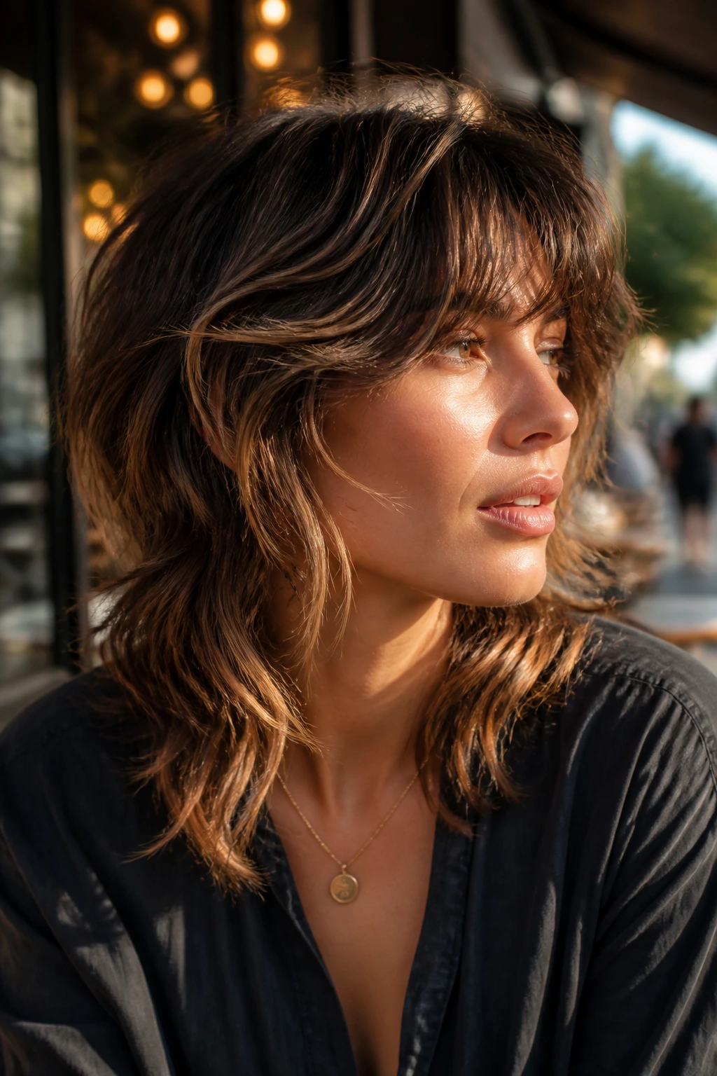 Close-up portrait of a real person with a modern wolf cut and caramel highlights