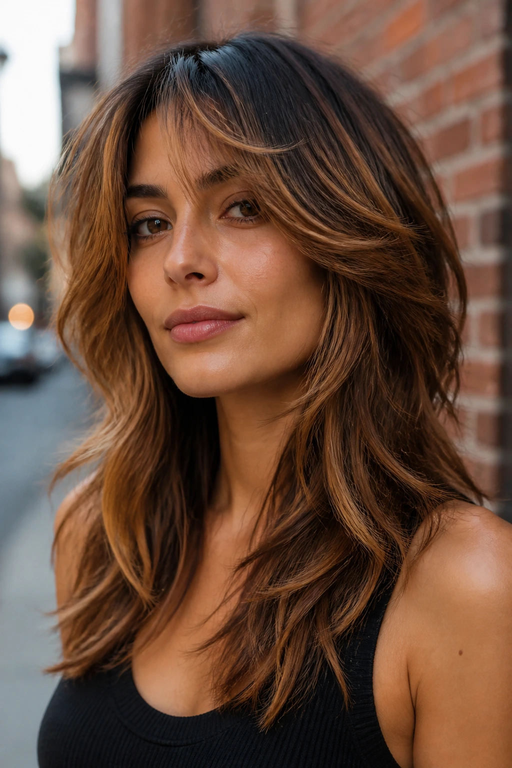 Close-up of a real woman with long wolf cut and caramel frosting in natural daylight