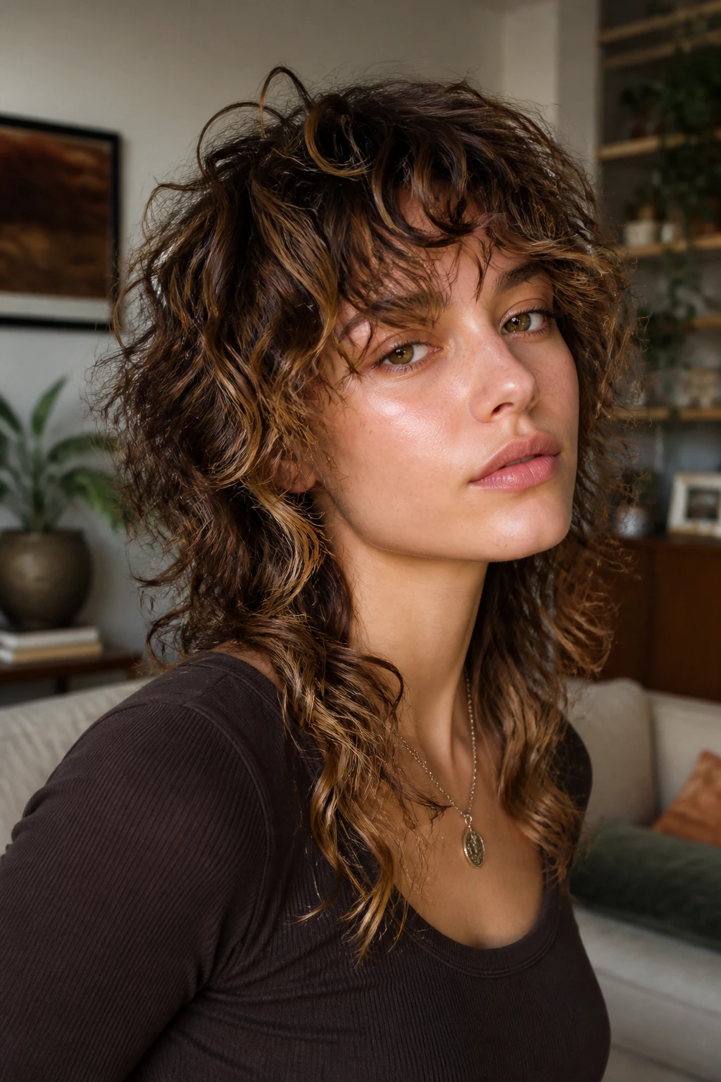 Real-person portrait with curly wolf cut and chunky caramel panels
