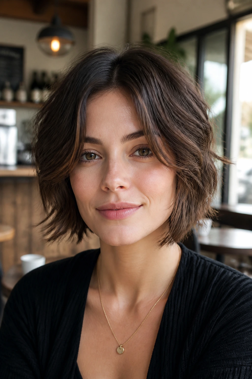 Real woman with chin-skimming wolf cut and center part.