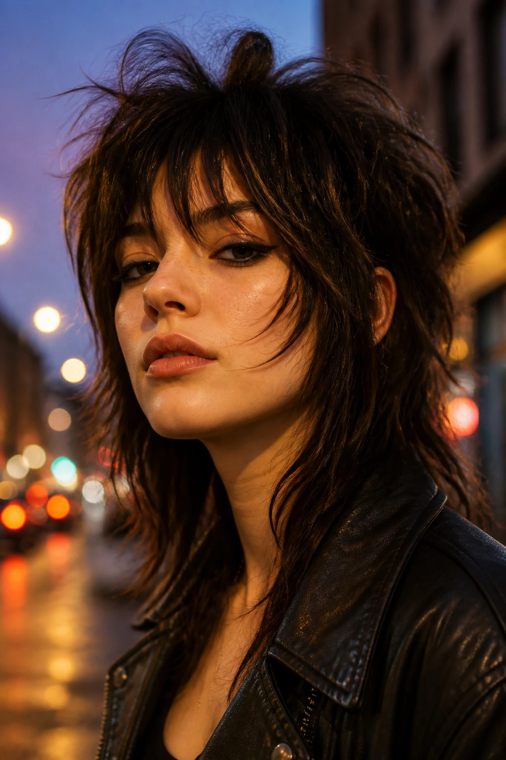 Real person with wolf cut and cheekbone fringe in an urban night setting.