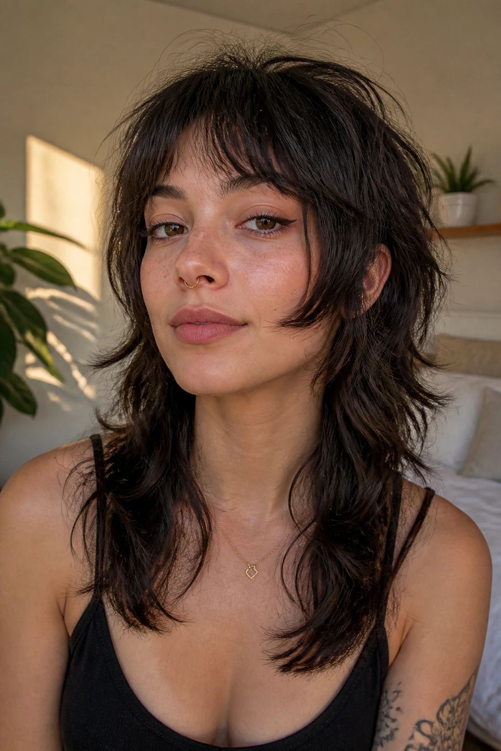 Close-up of a real woman with a wolf cut featuring cheekbone-grazing pieces under warm window light