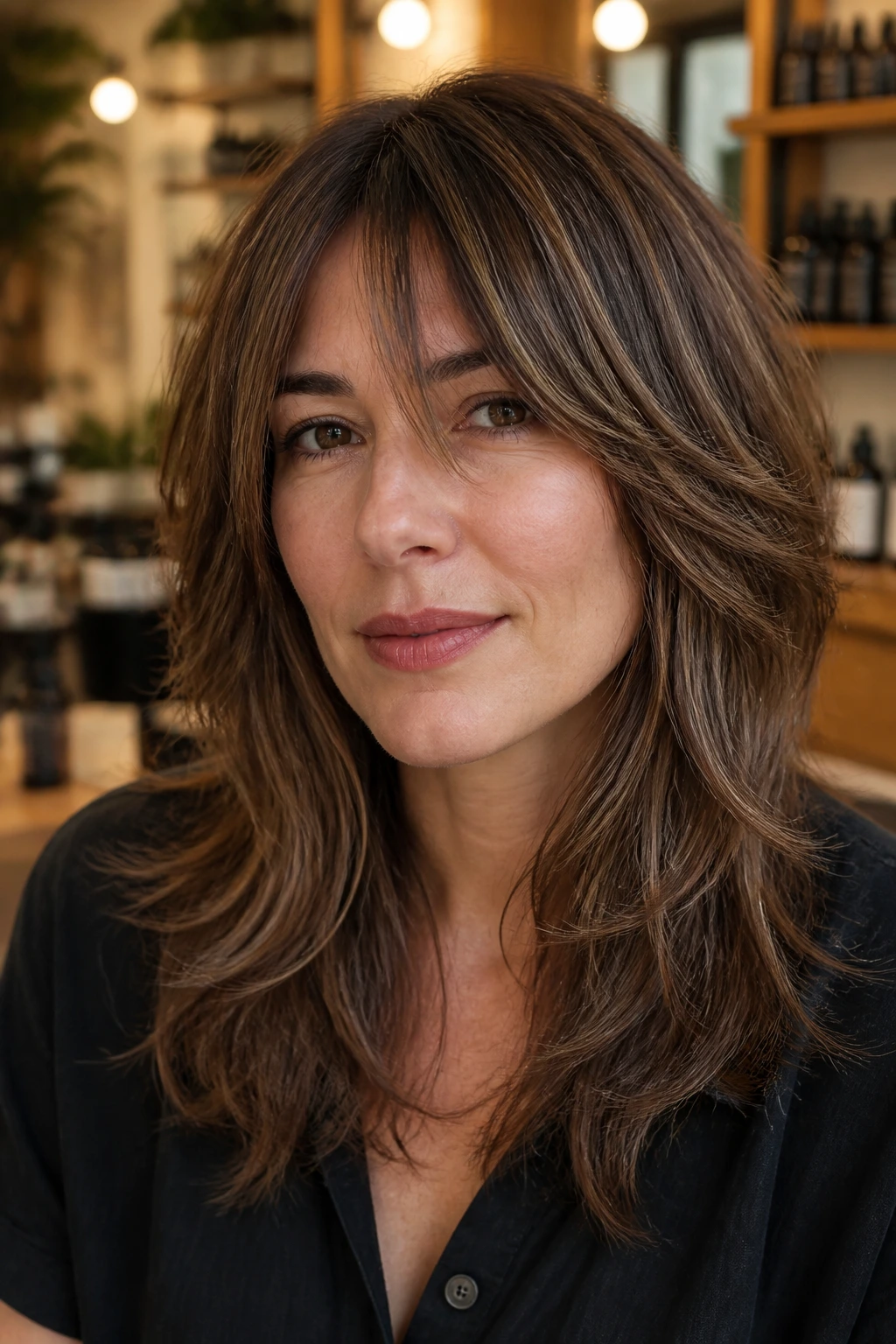 Close-up of a real woman with a soft wolf cut and chestnut lowlights in a salon.