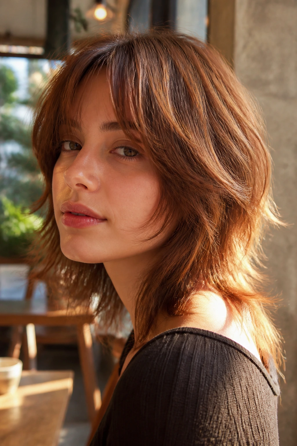 Close-up portrait of a real woman with cinnamon brown wolf cut featuring face-framing layers.