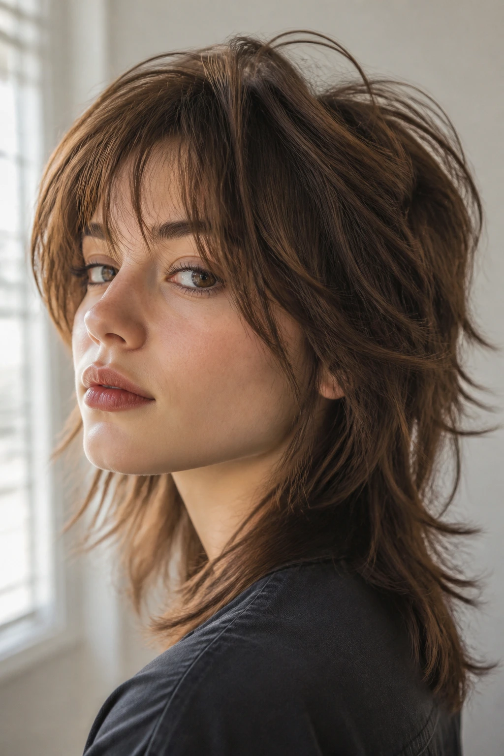 Portrait of real person with wolf-cut highlighting crown lift and face-framing layers