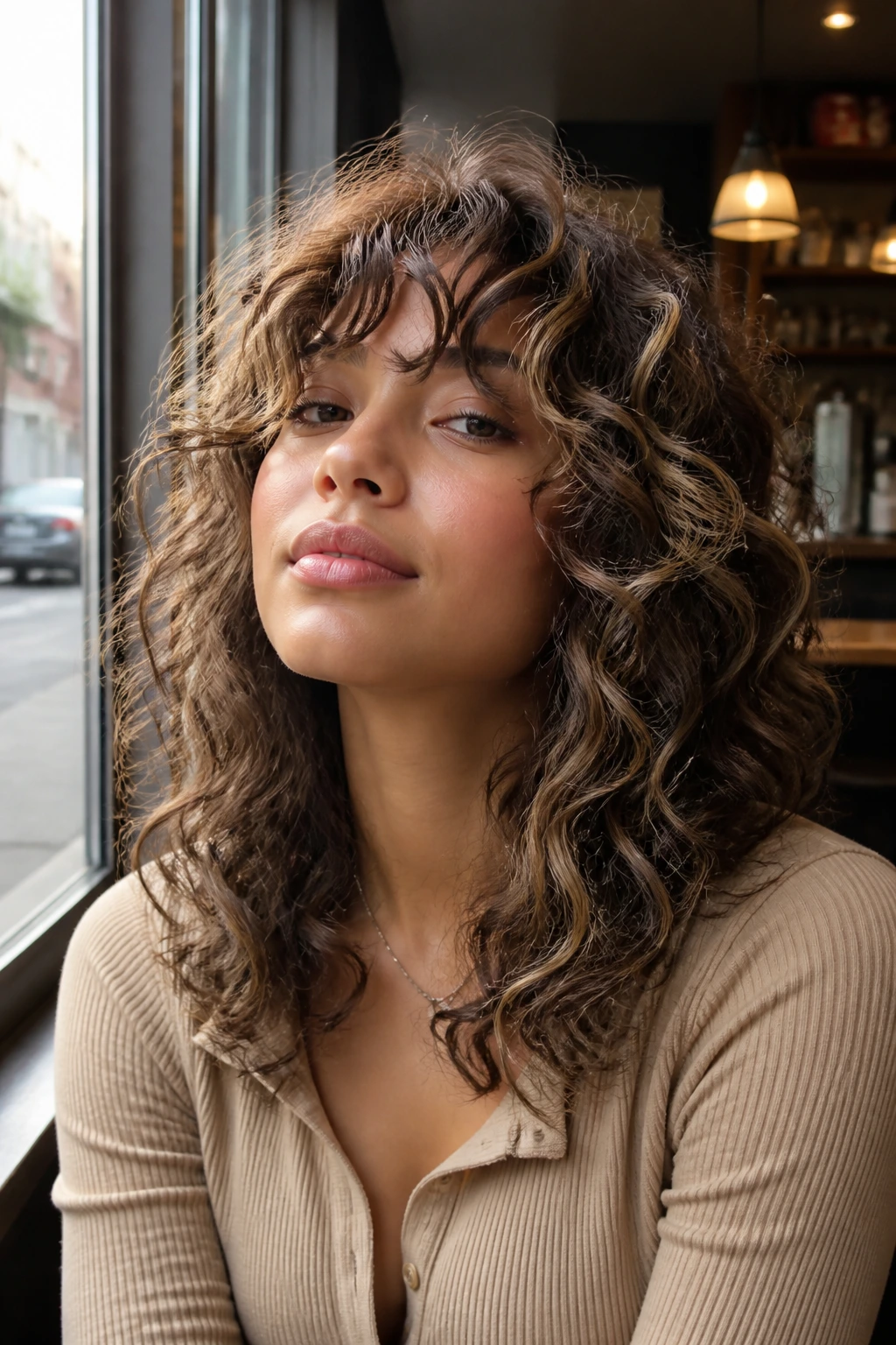Close-up of a real person with a wolf cut showing textured curls and babylights