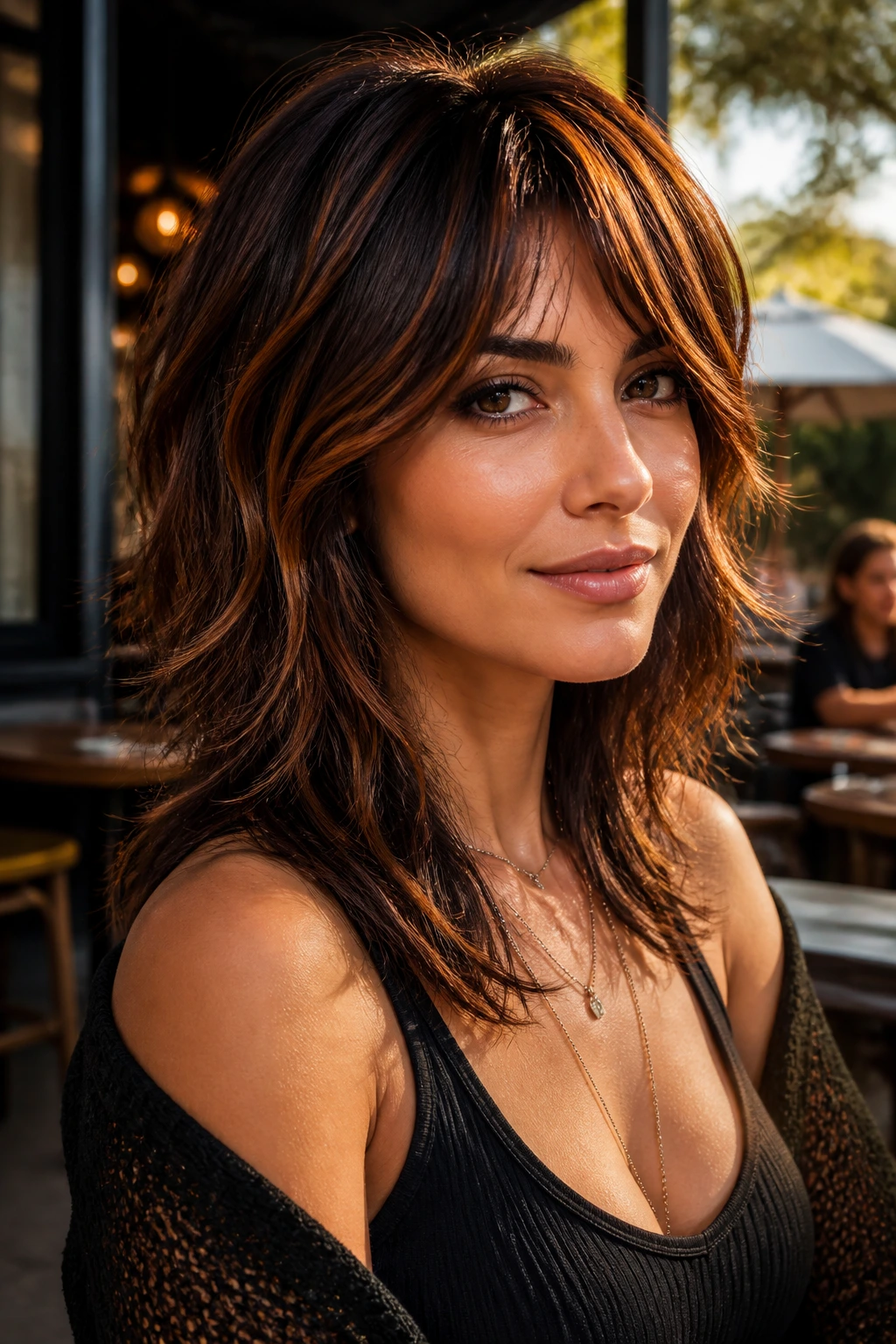 Portrait of woman with soft wolf cut and copper ribbon highlights on olive skin