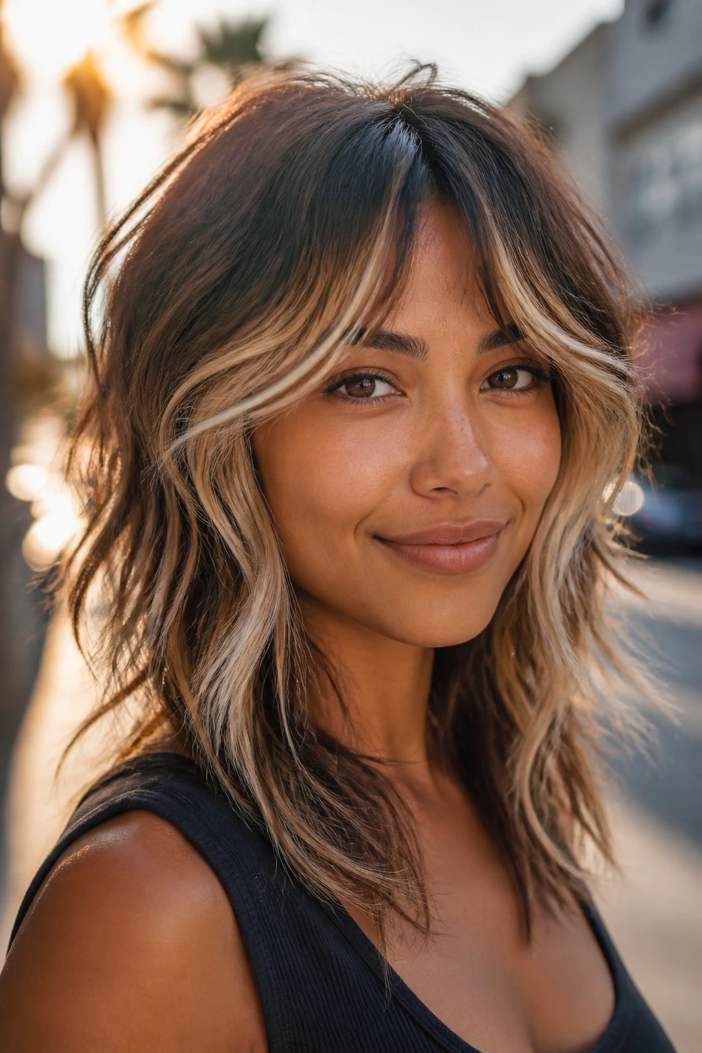 Close-up of a person with a wolf cut and creamy face-framing streaks in golden hour light