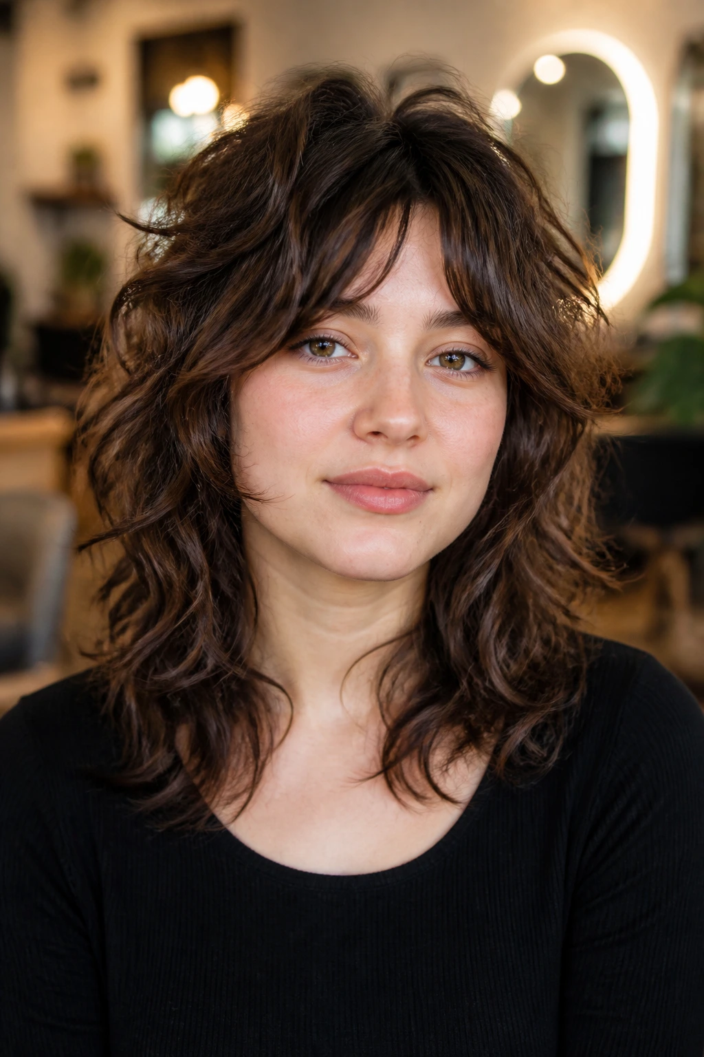 Portrait of real person with soft wolf cut and crown lift