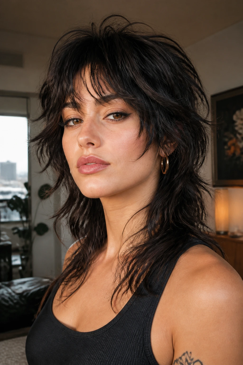 Portrait of a woman with a crown-volume wolf cut in natural window light