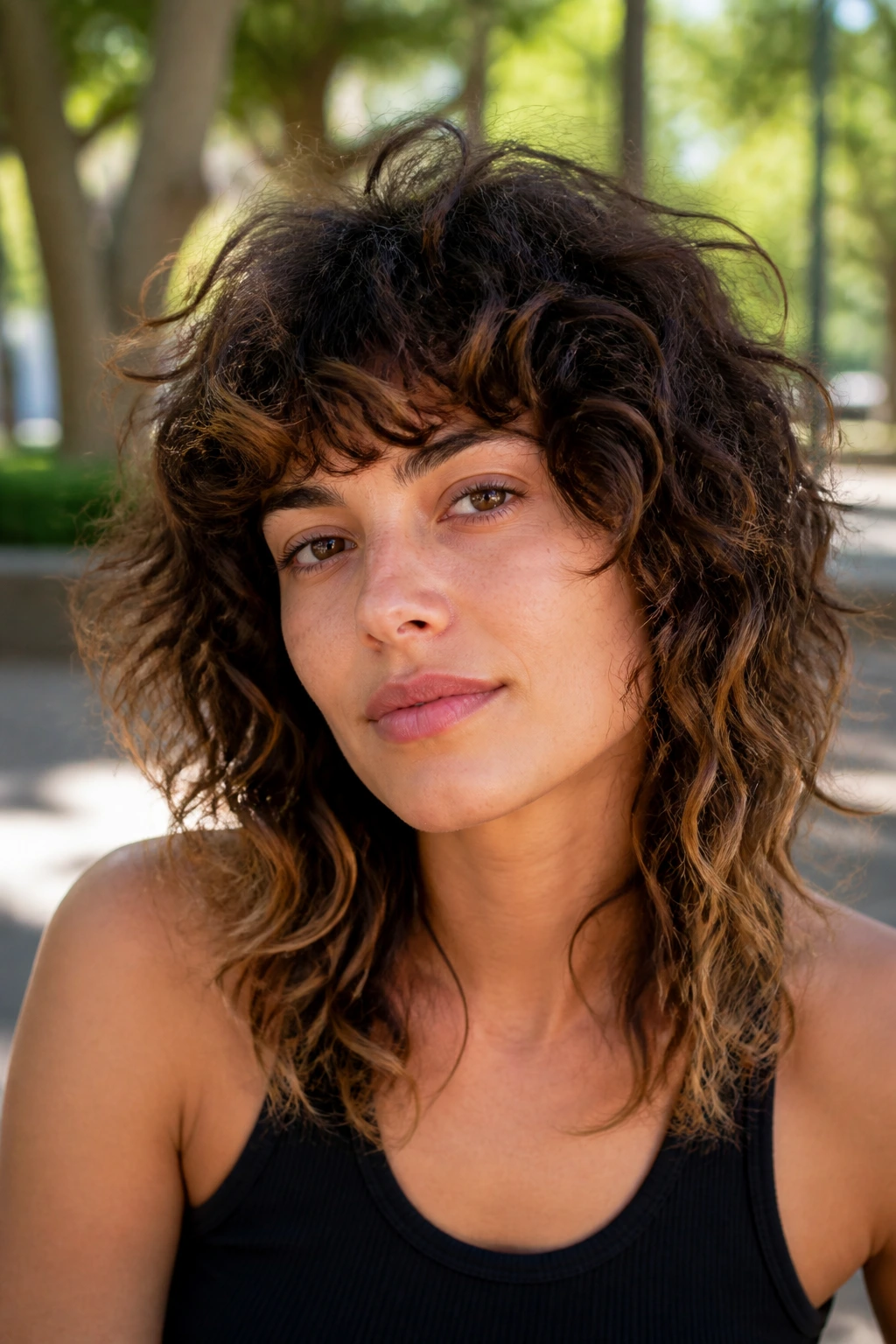 Close-up of a real person with a wolf cut and airy ends in a sunny park.