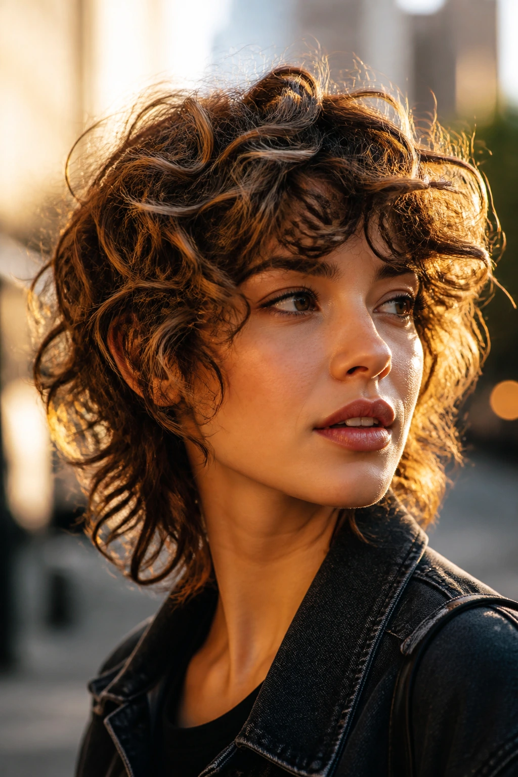 Close-up of curly wolf cut with feather-light layers and babylights in golden hour street light