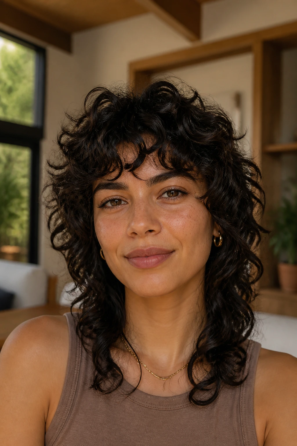 Close-up portrait of a person with a curly wolf cut.