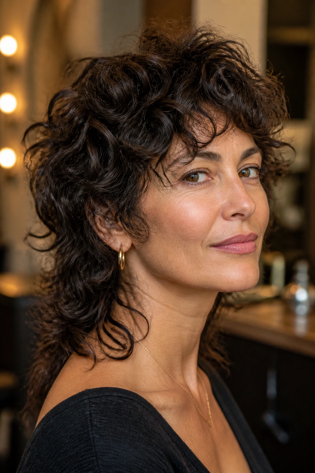Close-up of a real woman with a curly wolf cut and piecey texture.