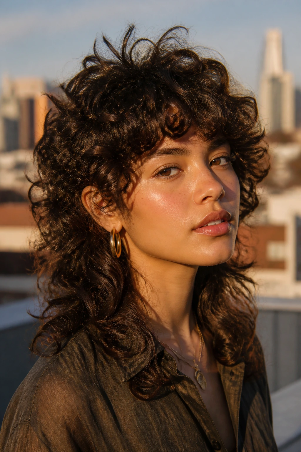 Close-up portrait of a woman with wolf cut curls and crown lift on an urban rooftop at golden hour