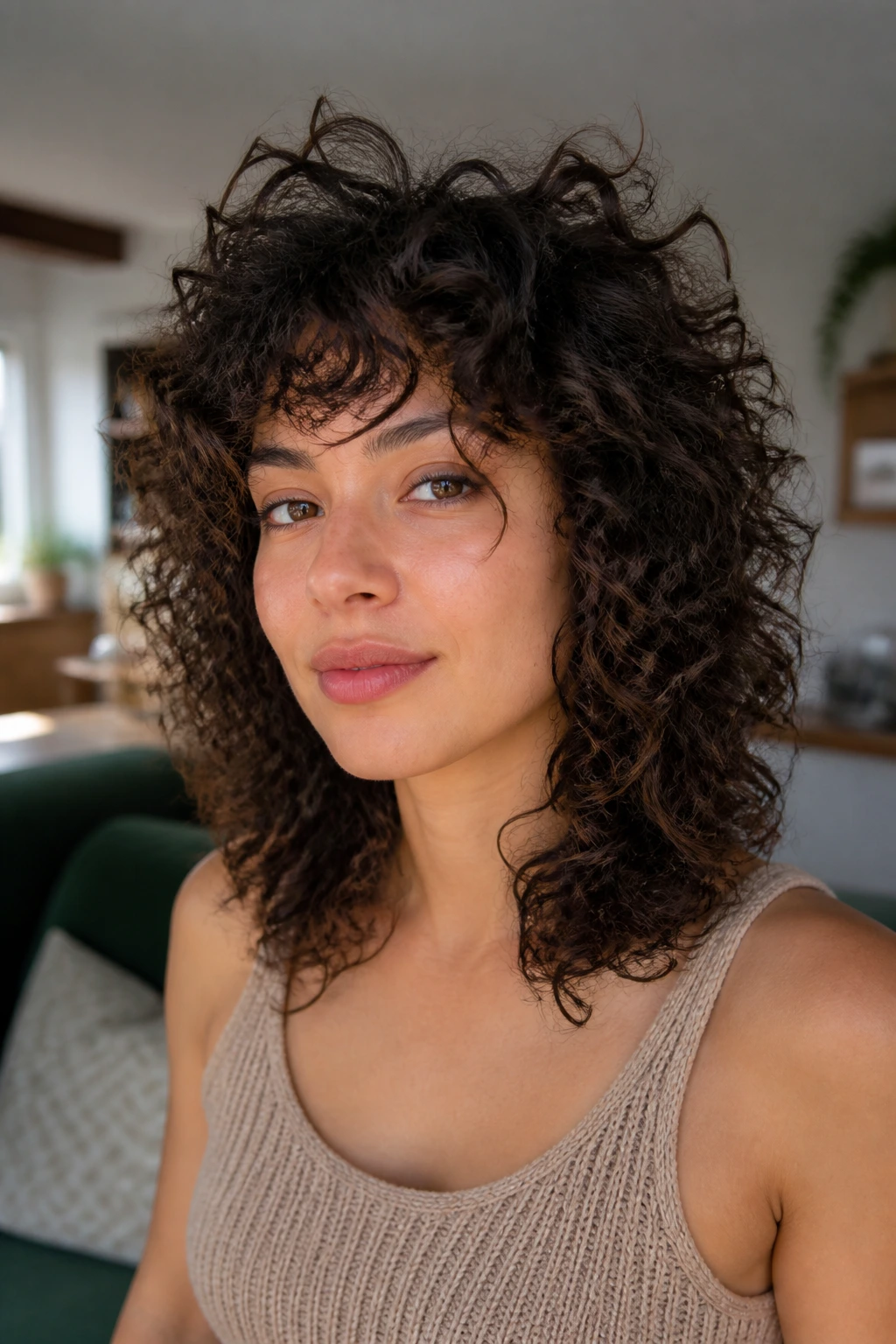 Medium close-up of a person with curly wolf cut and choppy crown layers in natural light