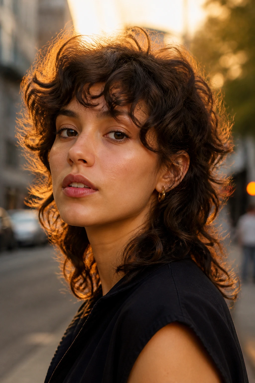 Portrait of a woman with curly wolf cut showing voluminous crown and textured sides
