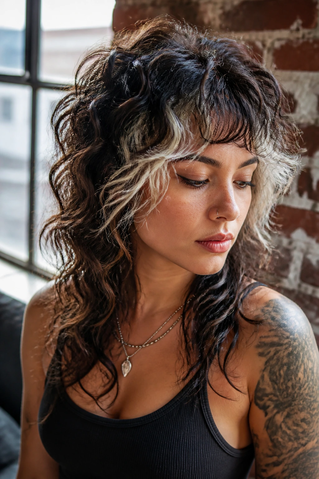 Close-up of a real woman with curly wolf cut and soft platinum money pieces framing the face.