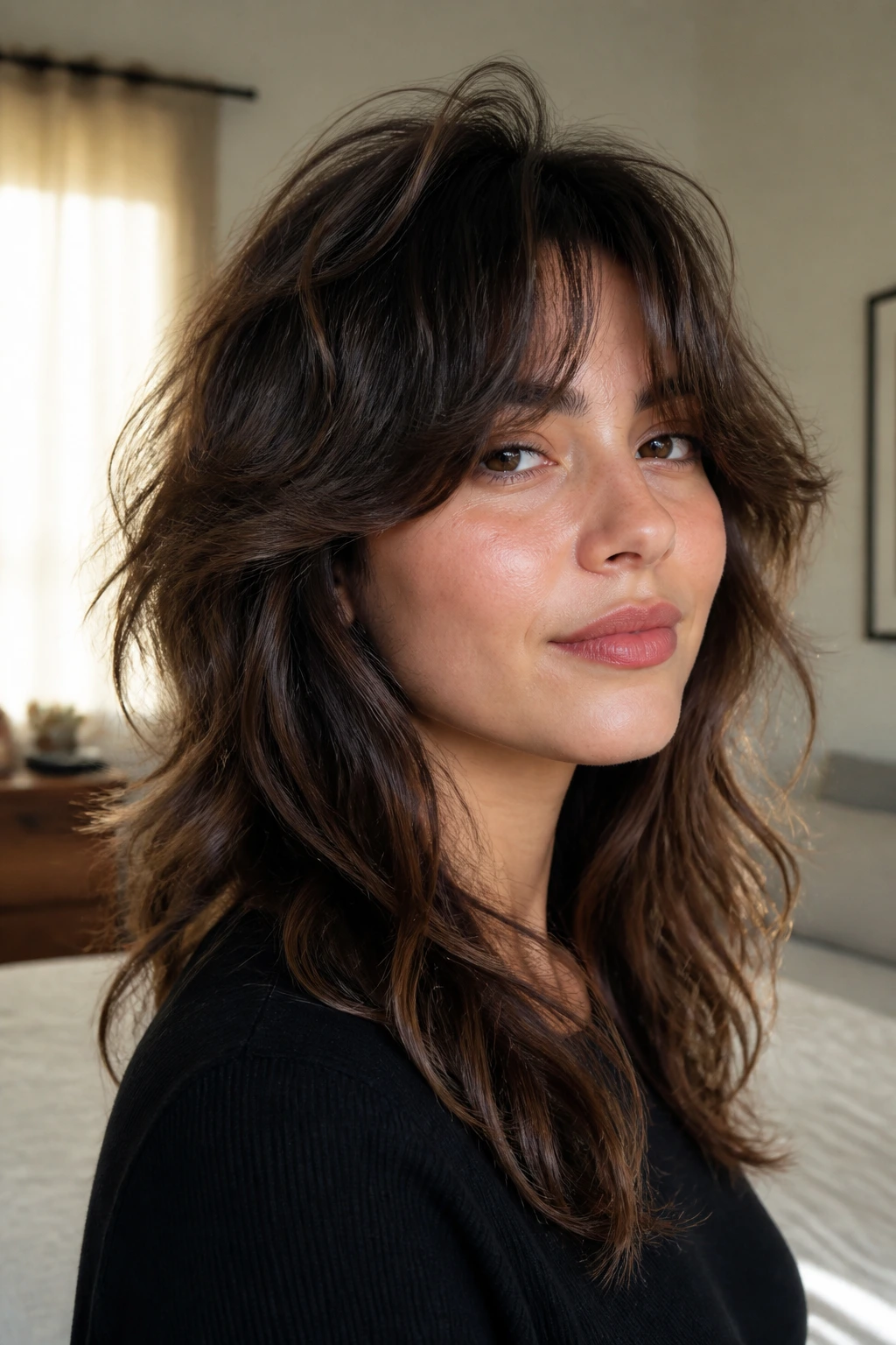 Close-up portrait of a real woman with a wolf cut and long curtain bangs, 2C waves.