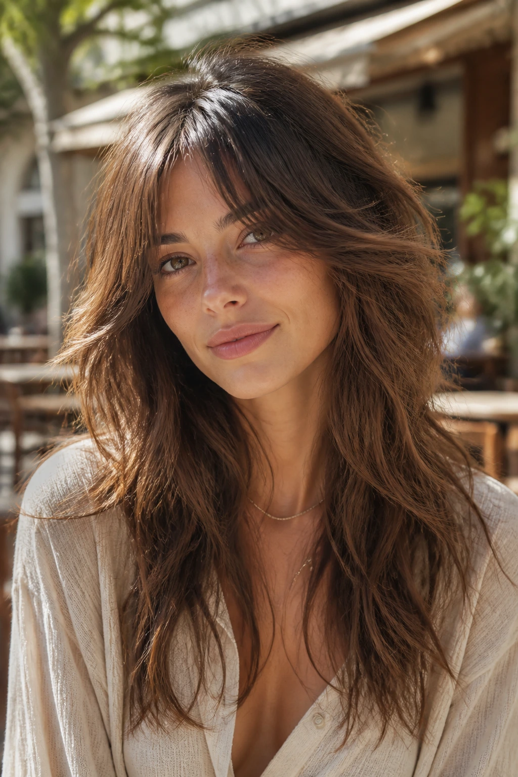 Portrait of a real person with long wolf cut and soft curtain bangs outdoors