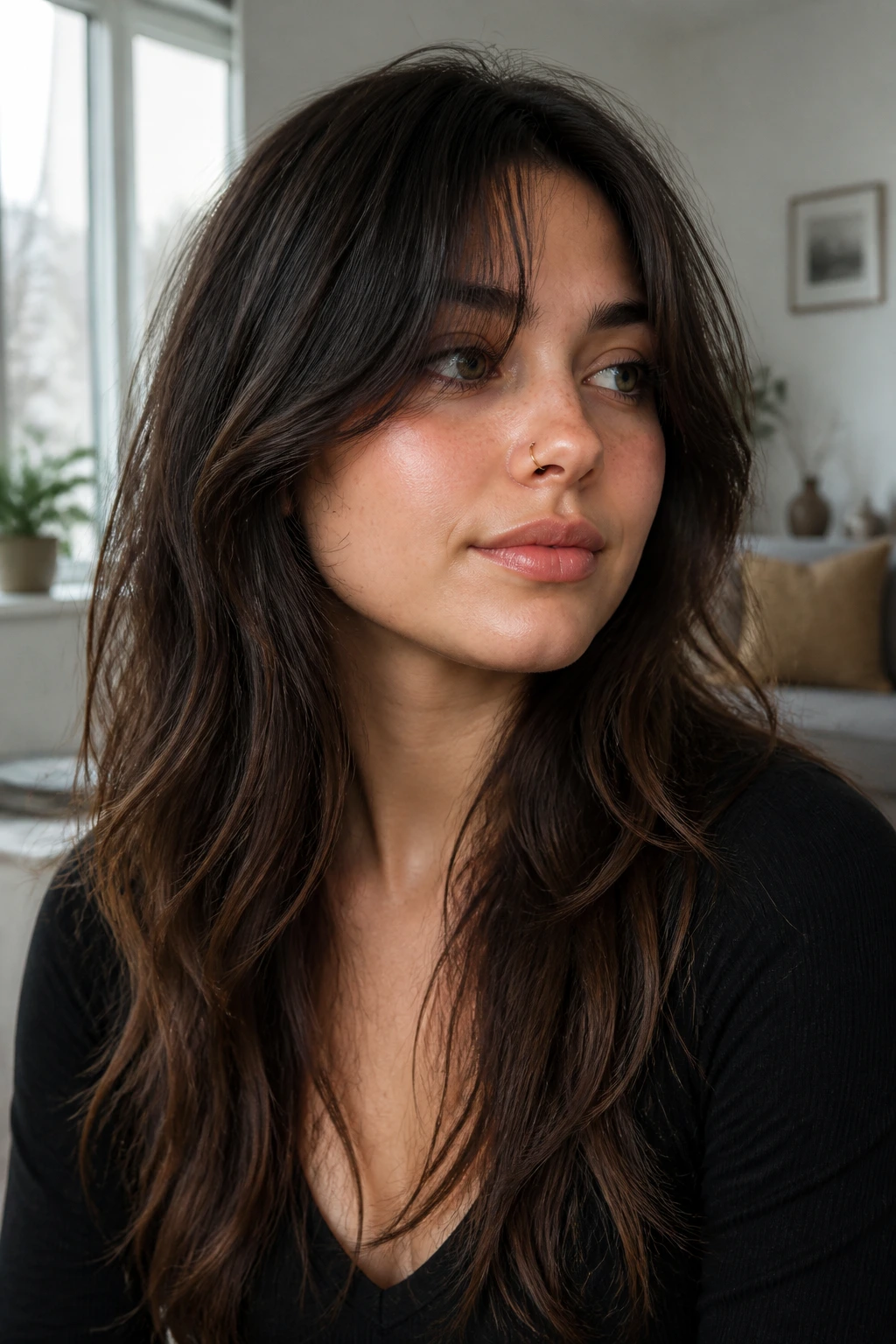 Portrait of a person with a long wolf cut and soft curtain bangs.