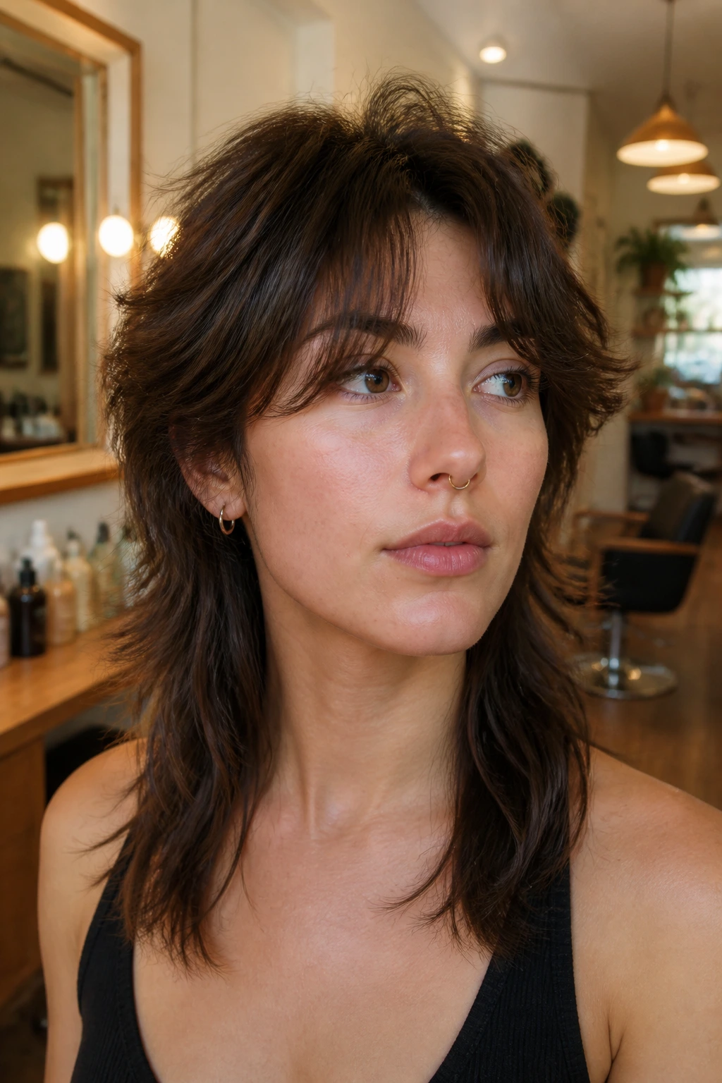Portrait of a real person with curtain-bang wolf cut in a cozy salon