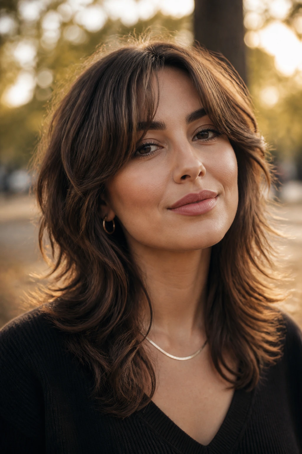 Real woman with wolf cut and curtain fringe, golden hour outdoor background