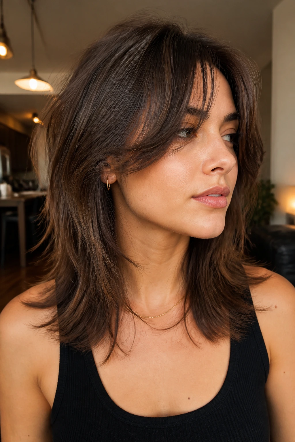 Close-up portrait of a soft wolf cut with long curtain fringe and crown lift in a cozy interior
