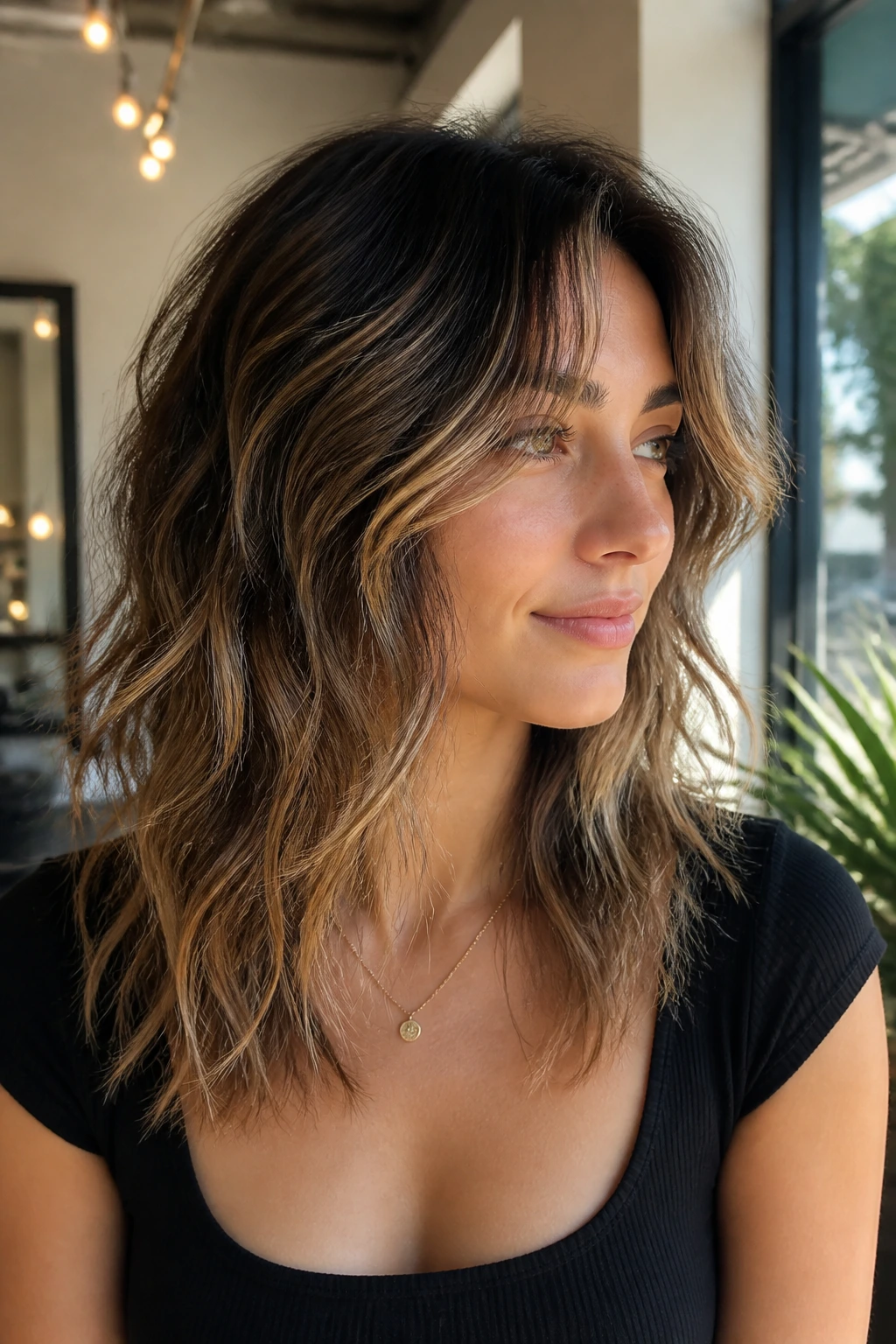 Close-up of a real woman with a Wavy Wolf Cut featuring dark roots.