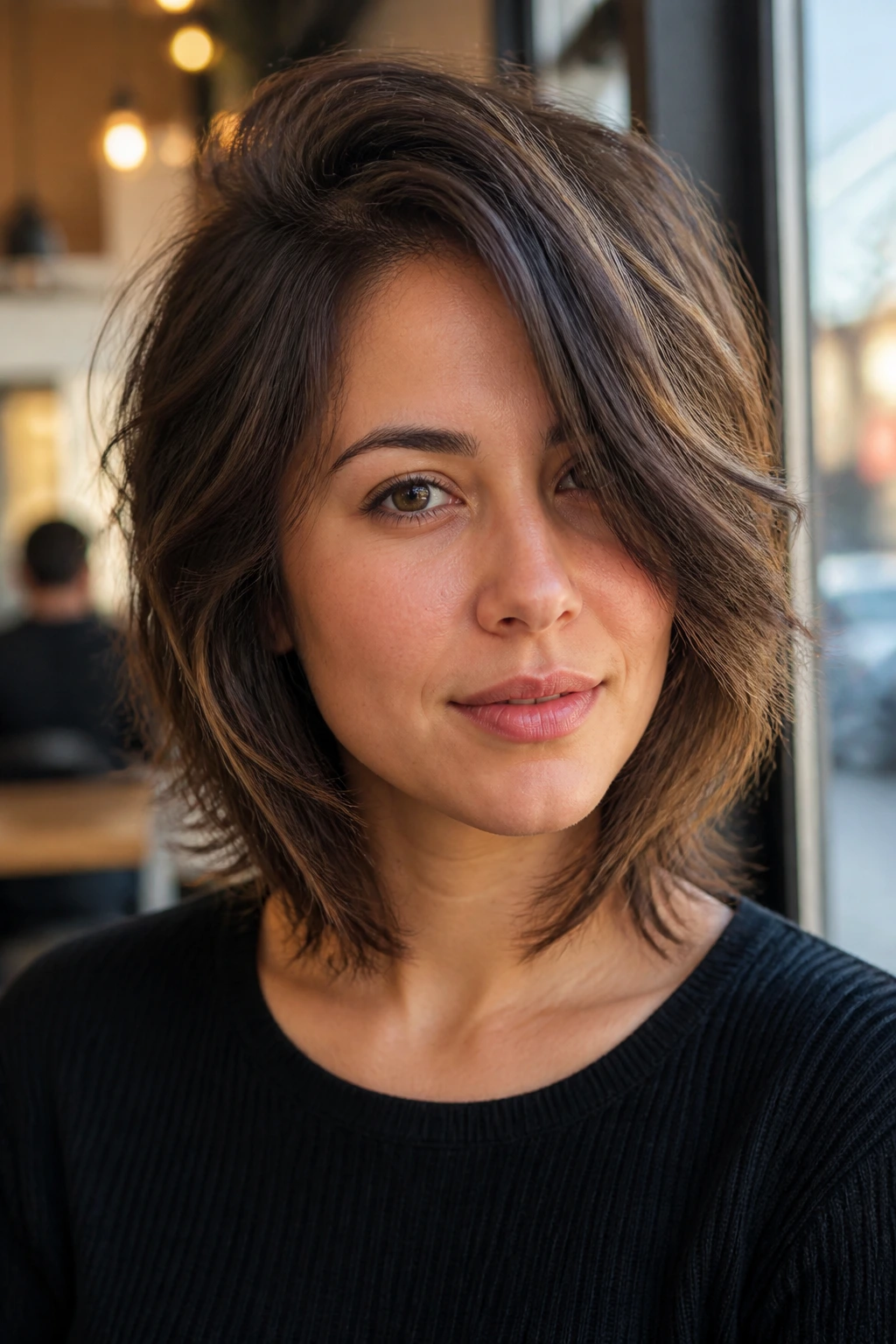 Real-woman portrait with deep side-part wolf cut and asymmetric layers