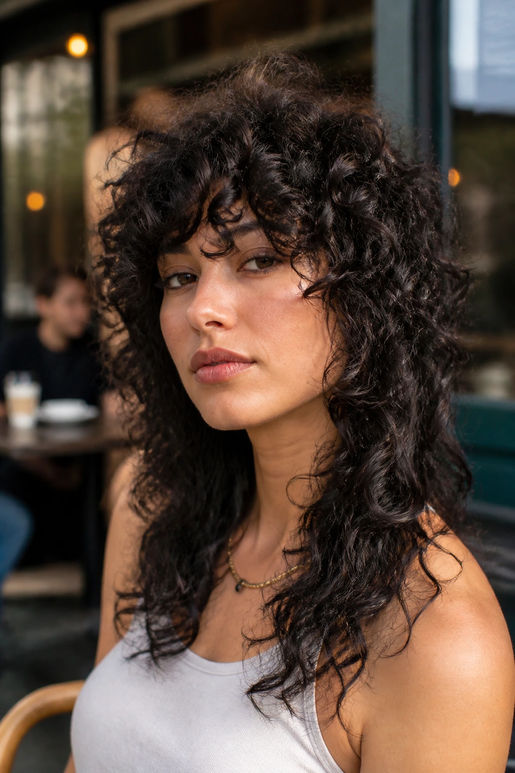 Woman with dense curly wolf cut in urban daylight