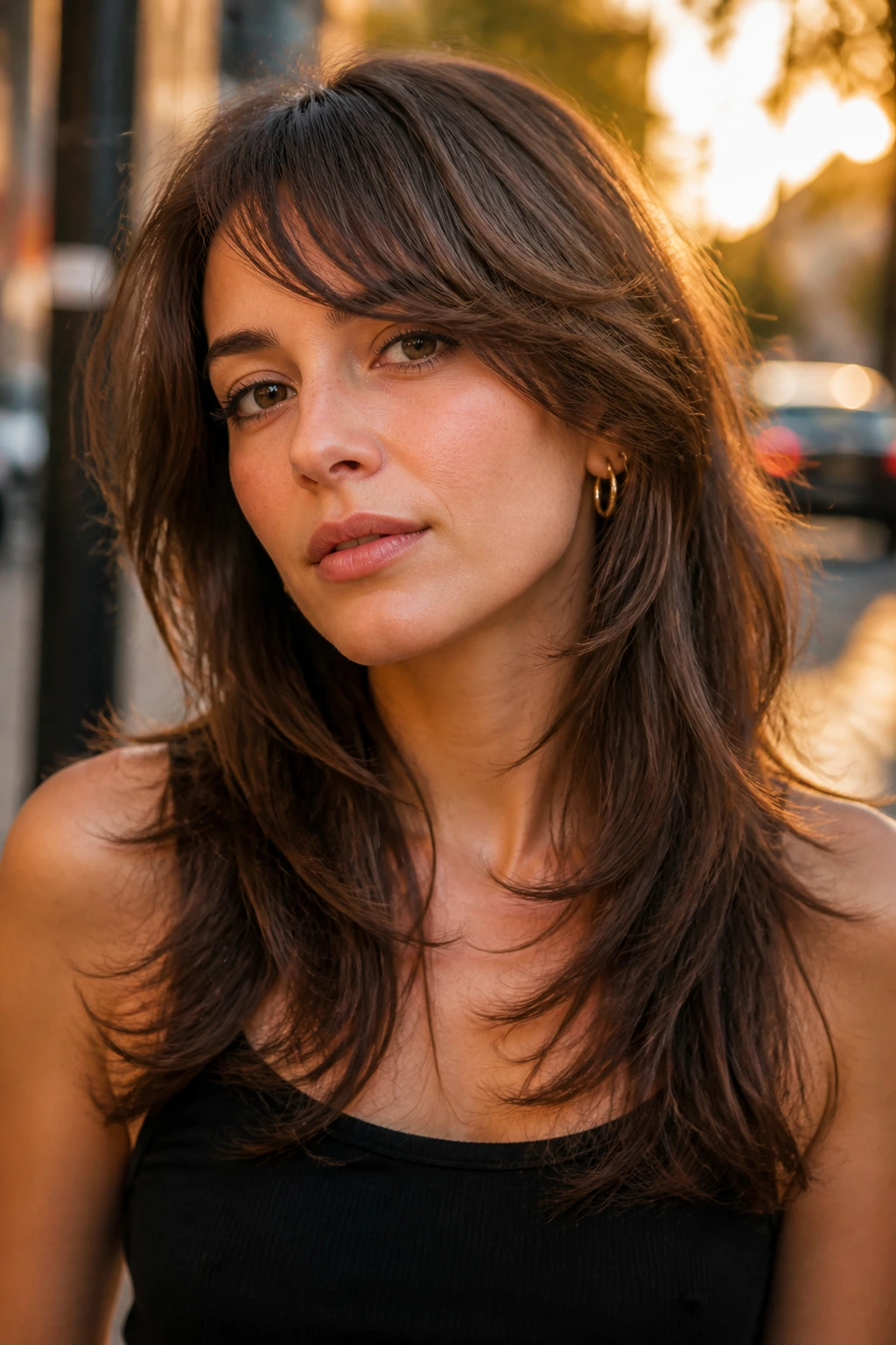Close-up portrait of a real person with soft wolf cut and diagonal fringe on a city street at golden hour