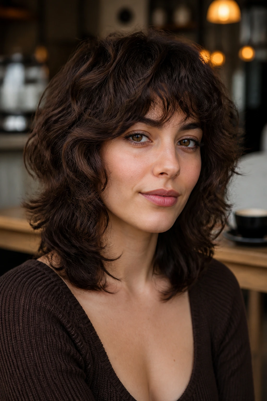 Close-up of a woman with shoulder-length espresso brown wolf cut.
